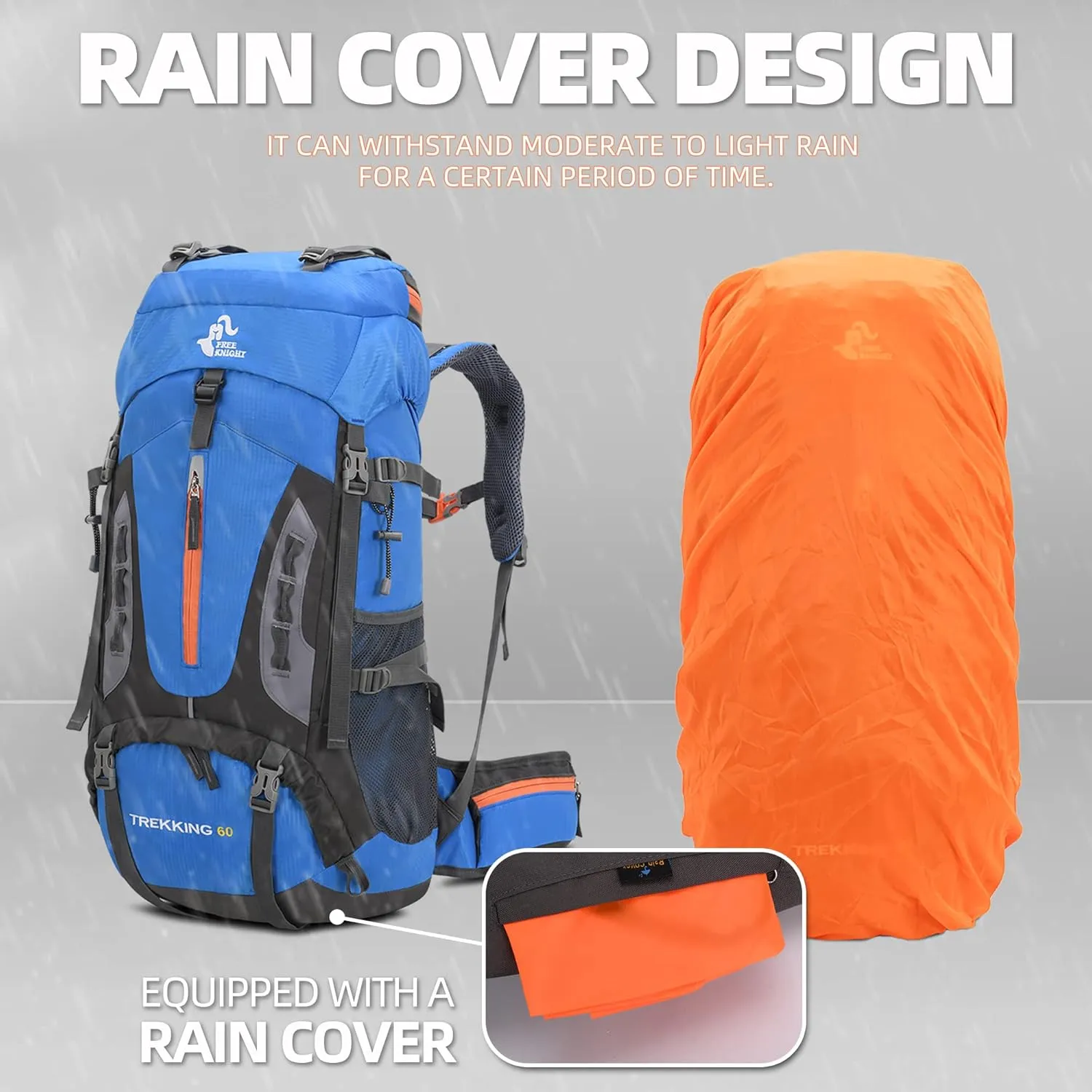 WIYPRQZ 60L Waterproof Lightweight Hiking Backpack Outdoor Sport Daypack with Rain Cover Camping (Light Blue)