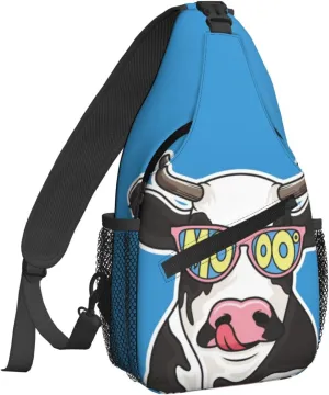 Women Cartoon Cow with Sunglasses Crossbody Sling Backpack for Men Chest Bag Shoulder Bag Lightweight One Strap Backpack Travel Outdoor Daypack