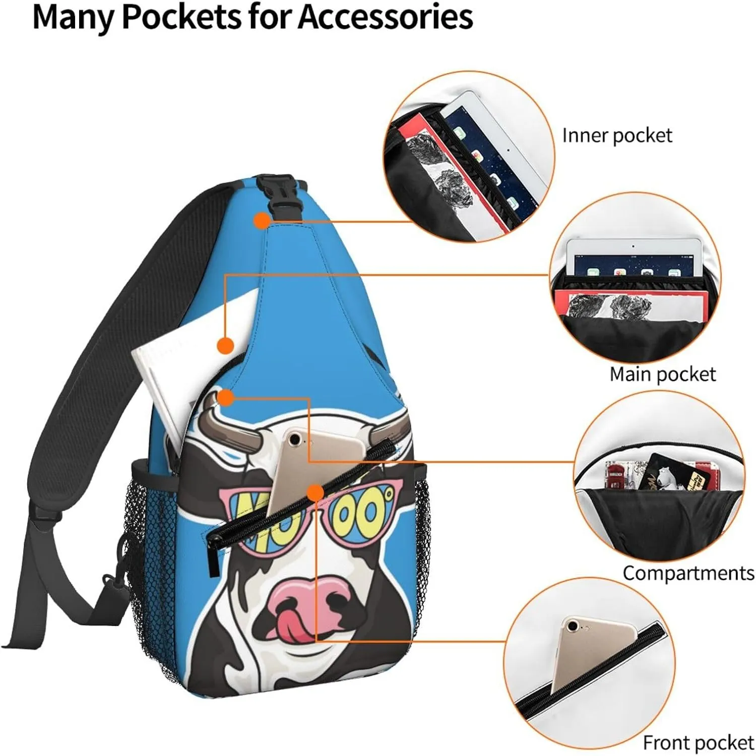 Women Cartoon Cow with Sunglasses Crossbody Sling Backpack for Men Chest Bag Shoulder Bag Lightweight One Strap Backpack Travel Outdoor Daypack