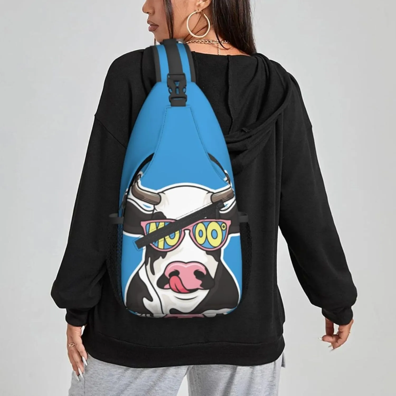 Women Cartoon Cow with Sunglasses Crossbody Sling Backpack for Men Chest Bag Shoulder Bag Lightweight One Strap Backpack Travel Outdoor Daypack