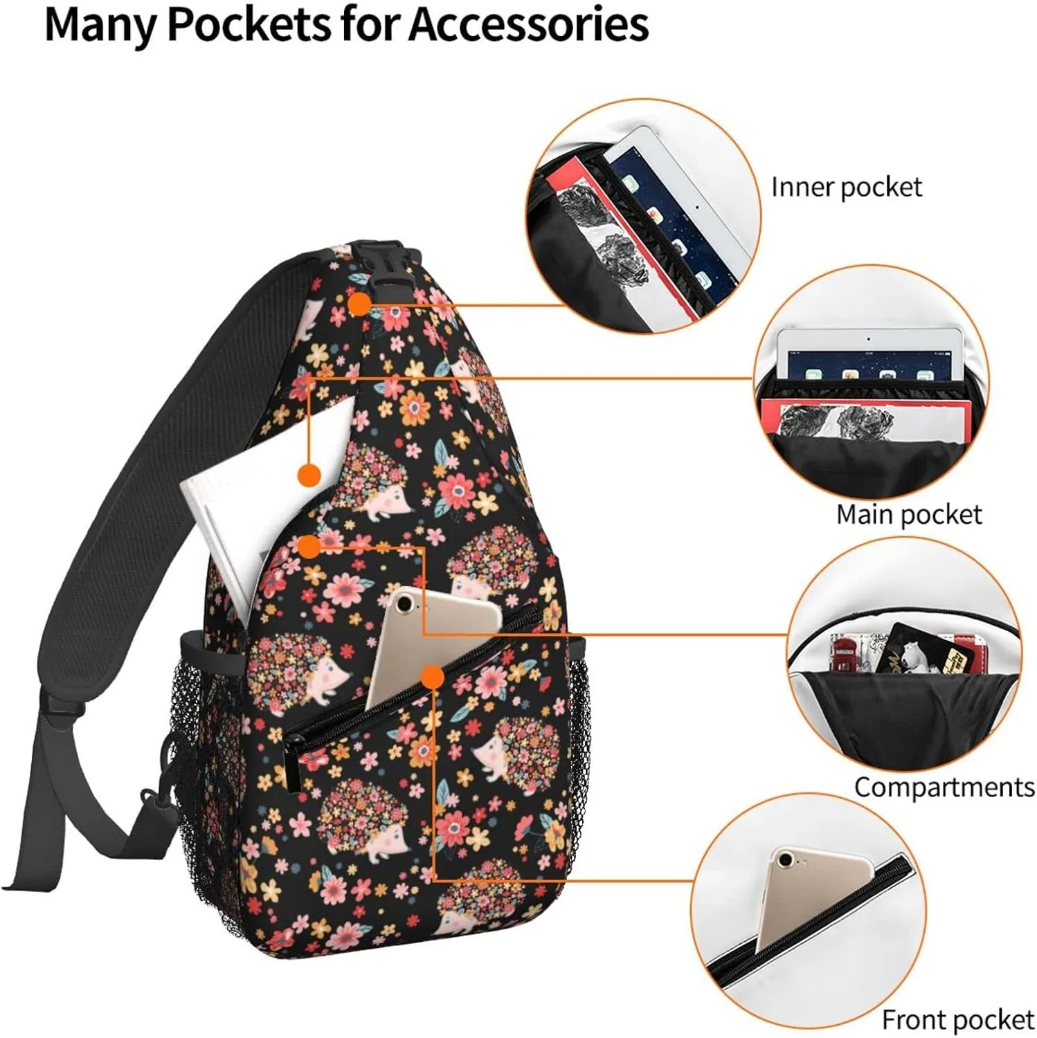 Women Cute Flowers Hedgehogs Black Crossbody Sling Backpack for Men Chest Bag Shoulder Bag Lightweight One Strap Backpack Travel Outdoor Daypack