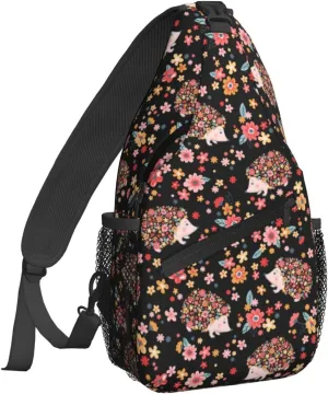 Women Cute Flowers Hedgehogs Black Crossbody Sling Backpack for Men Chest Bag Shoulder Bag Lightweight One Strap Backpack Travel Outdoor Daypack