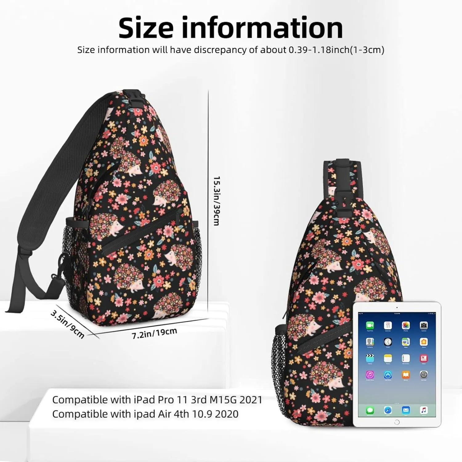 Women Cute Flowers Hedgehogs Black Crossbody Sling Backpack for Men Chest Bag Shoulder Bag Lightweight One Strap Backpack Travel Outdoor Daypack