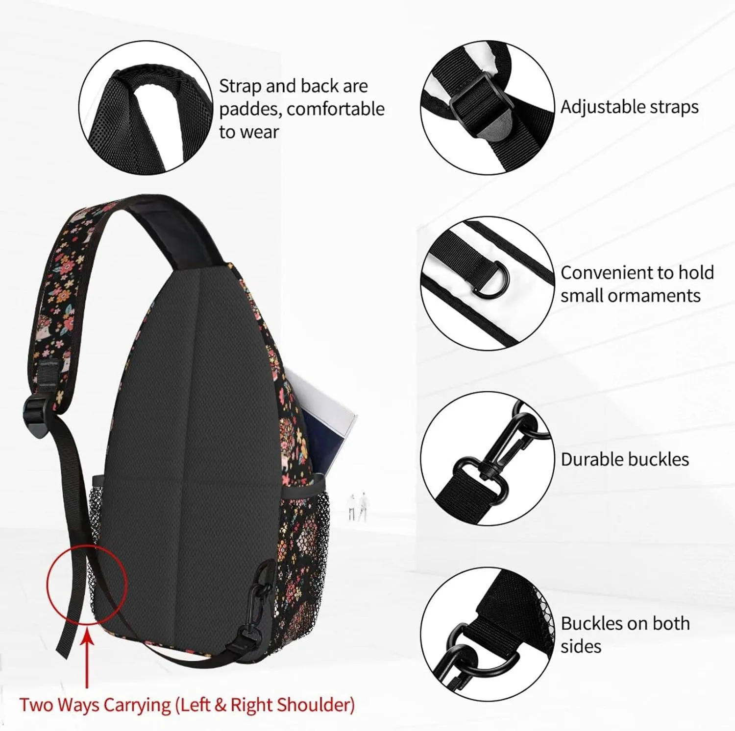 Women Cute Flowers Hedgehogs Black Crossbody Sling Backpack for Men Chest Bag Shoulder Bag Lightweight One Strap Backpack Travel Outdoor Daypack