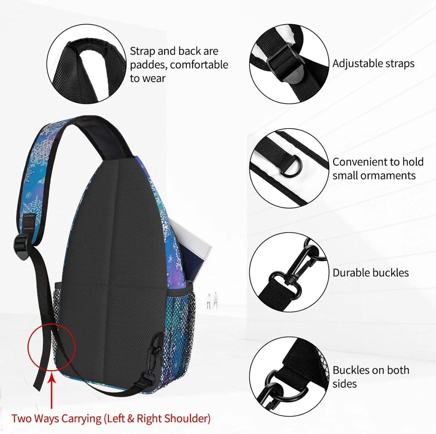 Women Snowflakes Winter Christmas Crossbody Sling Backpack for Men Chest Bag Shoulder Bag Lightweight One Strap Backpack Travel Outdoor Daypack