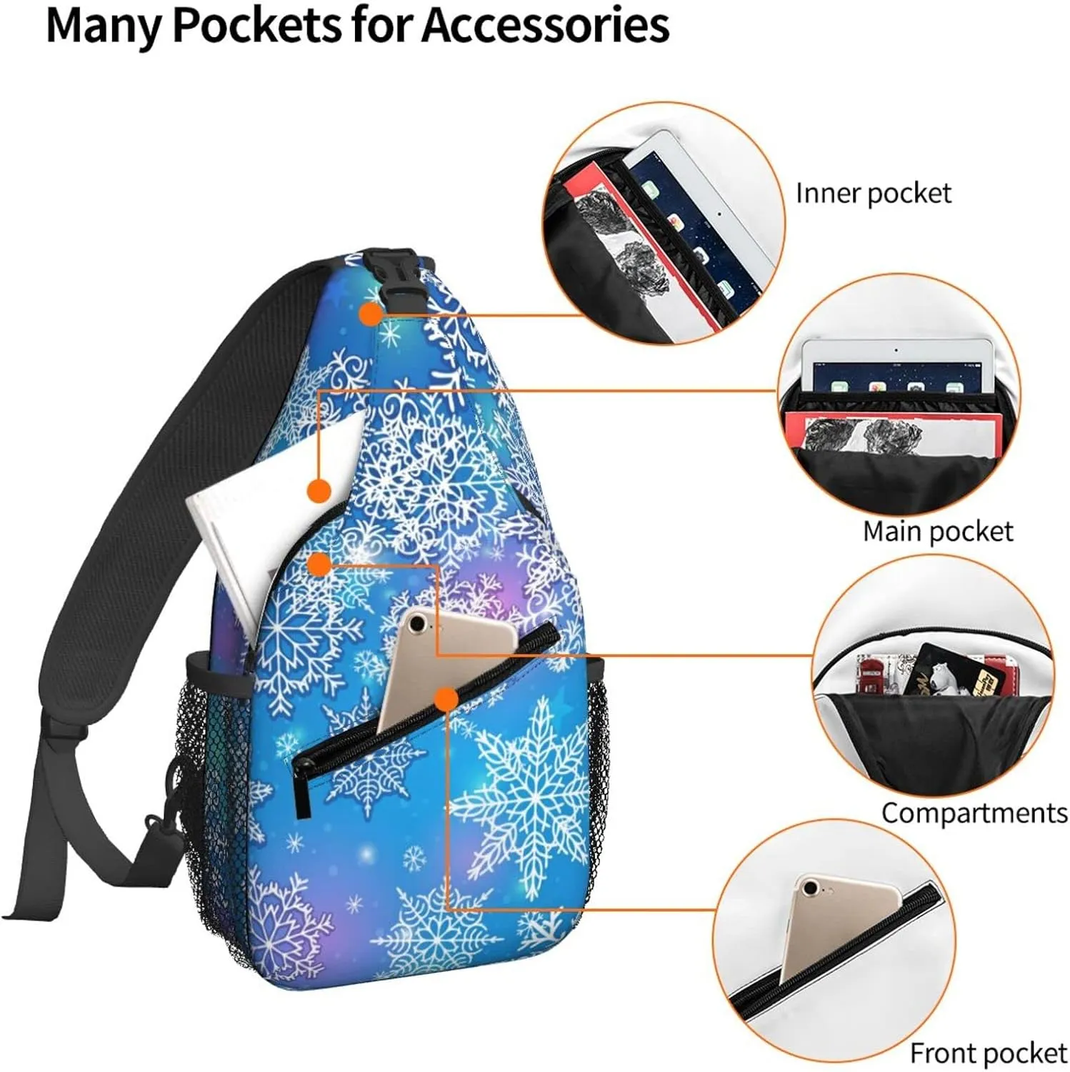 Women Snowflakes Winter Christmas Crossbody Sling Backpack for Men Chest Bag Shoulder Bag Lightweight One Strap Backpack Travel Outdoor Daypack