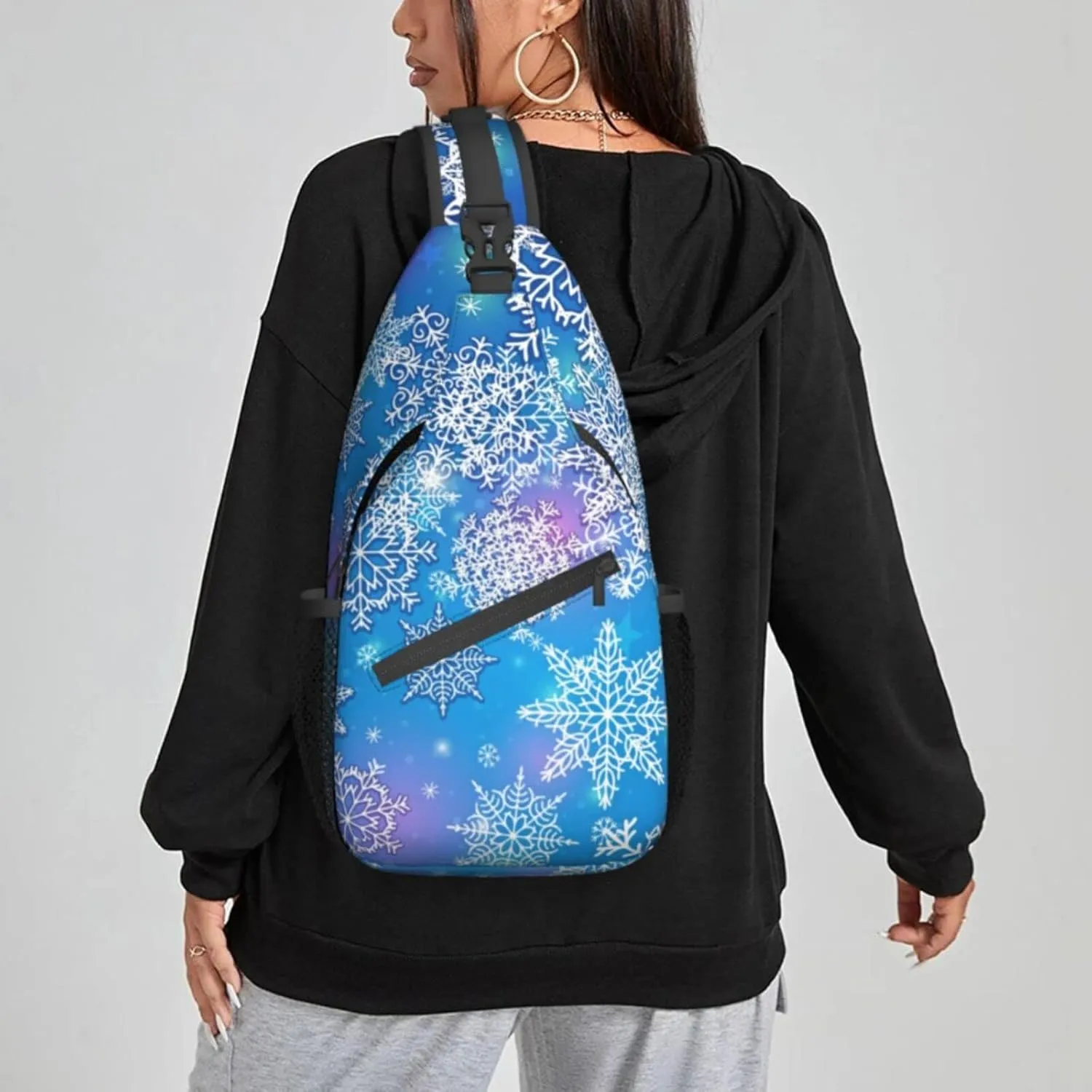 Women Snowflakes Winter Christmas Crossbody Sling Backpack for Men Chest Bag Shoulder Bag Lightweight One Strap Backpack Travel Outdoor Daypack
