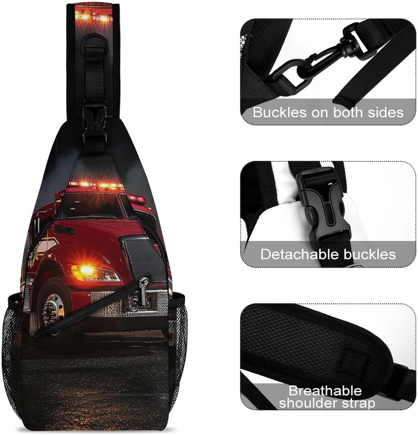 Womens Casual Shoulder Bag Fire Truck Crossbody Sling Bag Large Capacity Adjustable Gym Chest Bag for Travel Sports Hiking