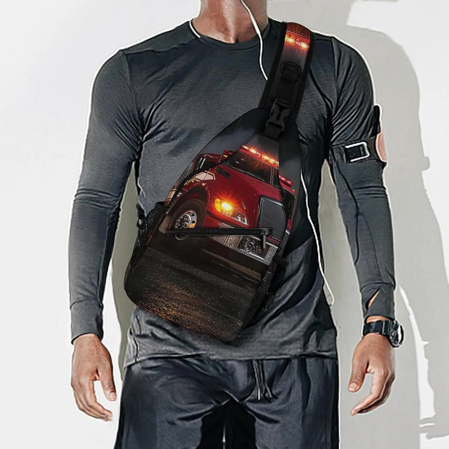 Womens Casual Shoulder Bag Fire Truck Crossbody Sling Bag Large Capacity Adjustable Gym Chest Bag for Travel Sports Hiking