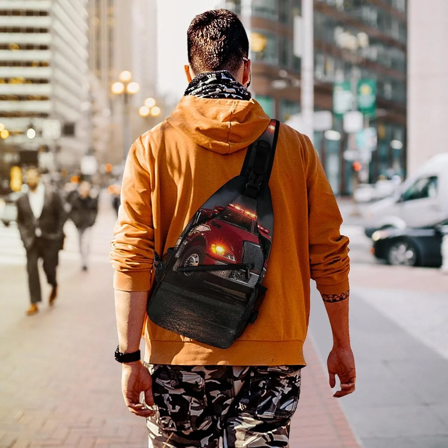 Womens Casual Shoulder Bag Fire Truck Crossbody Sling Bag Large Capacity Adjustable Gym Chest Bag for Travel Sports Hiking