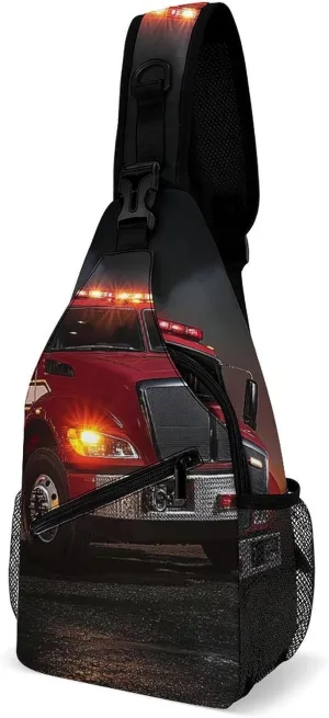Womens Casual Shoulder Bag Fire Truck Crossbody Sling Bag Large Capacity Adjustable Gym Chest Bag for Travel Sports Hiking