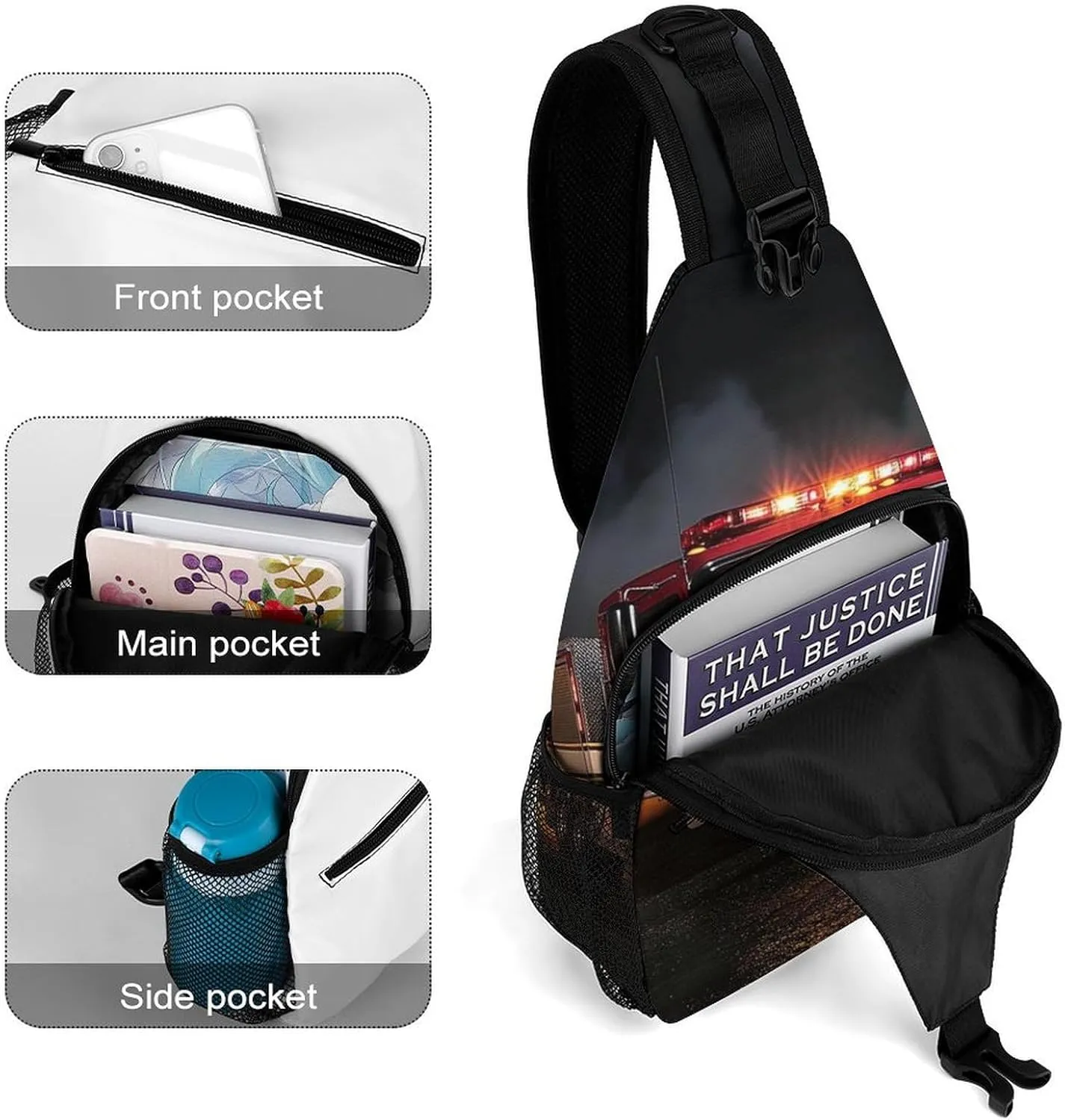 Womens Casual Shoulder Bag Fire Truck Crossbody Sling Bag Large Capacity Adjustable Gym Chest Bag for Travel Sports Hiking