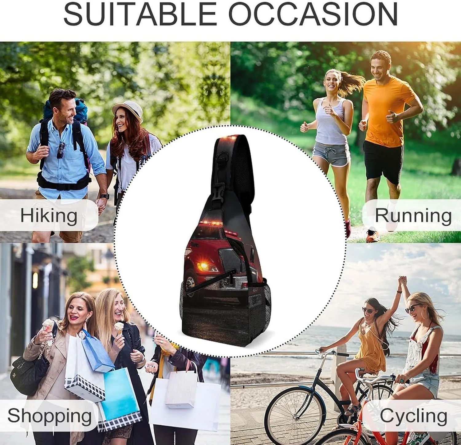 Womens Casual Shoulder Bag Fire Truck Crossbody Sling Bag Large Capacity Adjustable Gym Chest Bag for Travel Sports Hiking