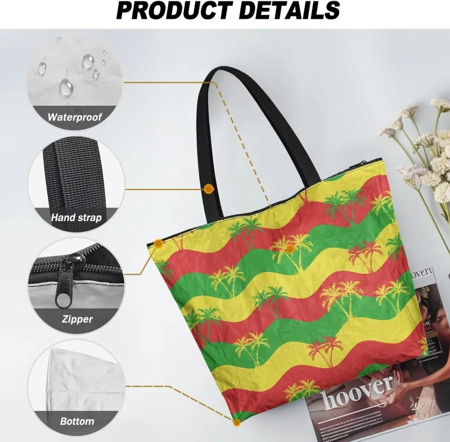 Women’s Dupont Paper Tote Bag Waterproof Shoulder Purse Shopping Grocery Reusable Handbag with Inner Zipper Pocket