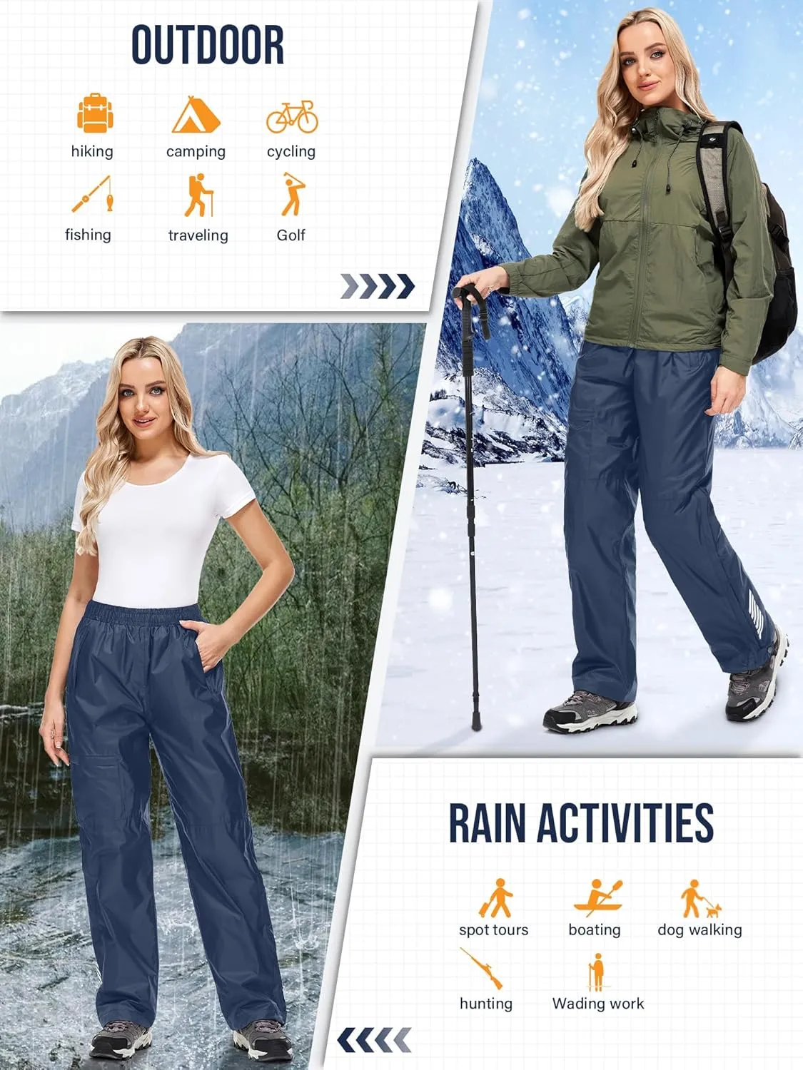 Women's Rain Pants Waterproof Hiking Pants Windproof Lightweight Rain Over Pants for Outdoor Golf Fishing Rainy Day