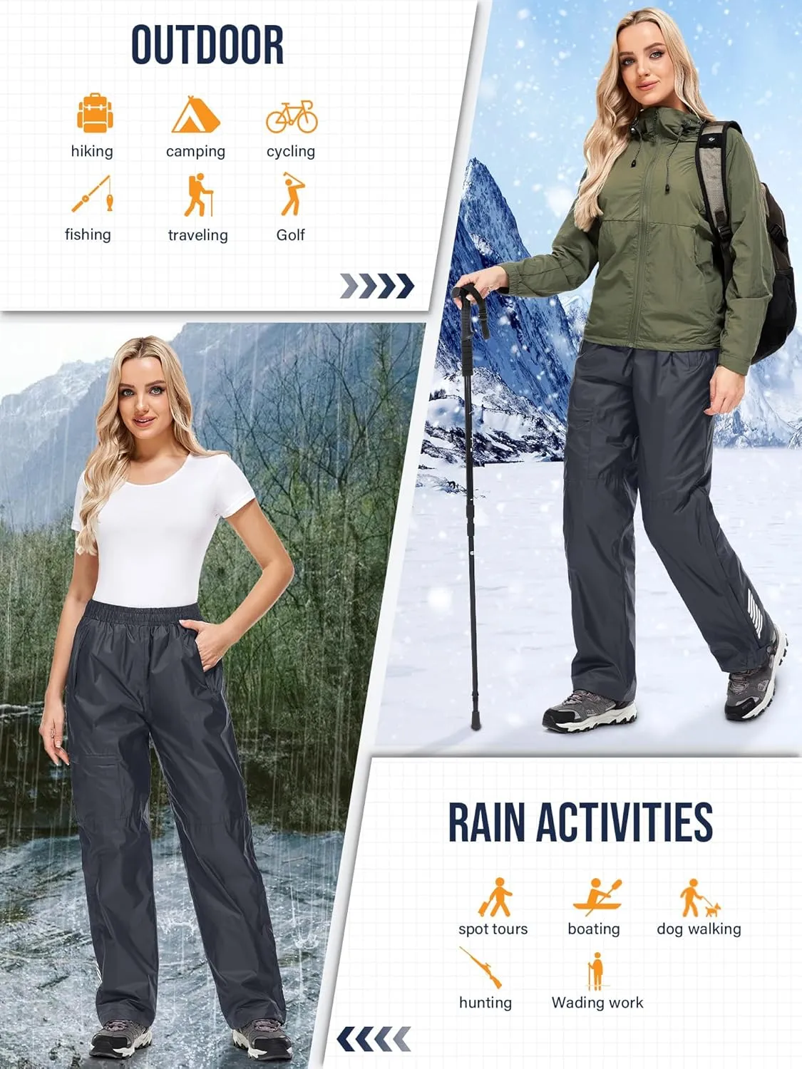 Women's Rain Pants Waterproof Hiking Pants Windproof Lightweight Rain Over Pants for Outdoor Golf Fishing Rainy Day