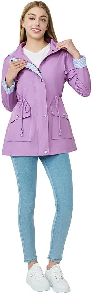 Women's raincoat windbreaker waterproof lightweight lining detachable hooded rainproof jacket