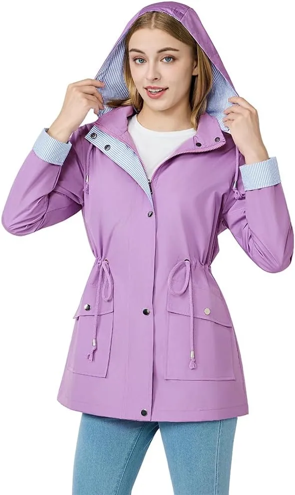 Women's raincoat windbreaker waterproof lightweight lining detachable hooded rainproof jacket