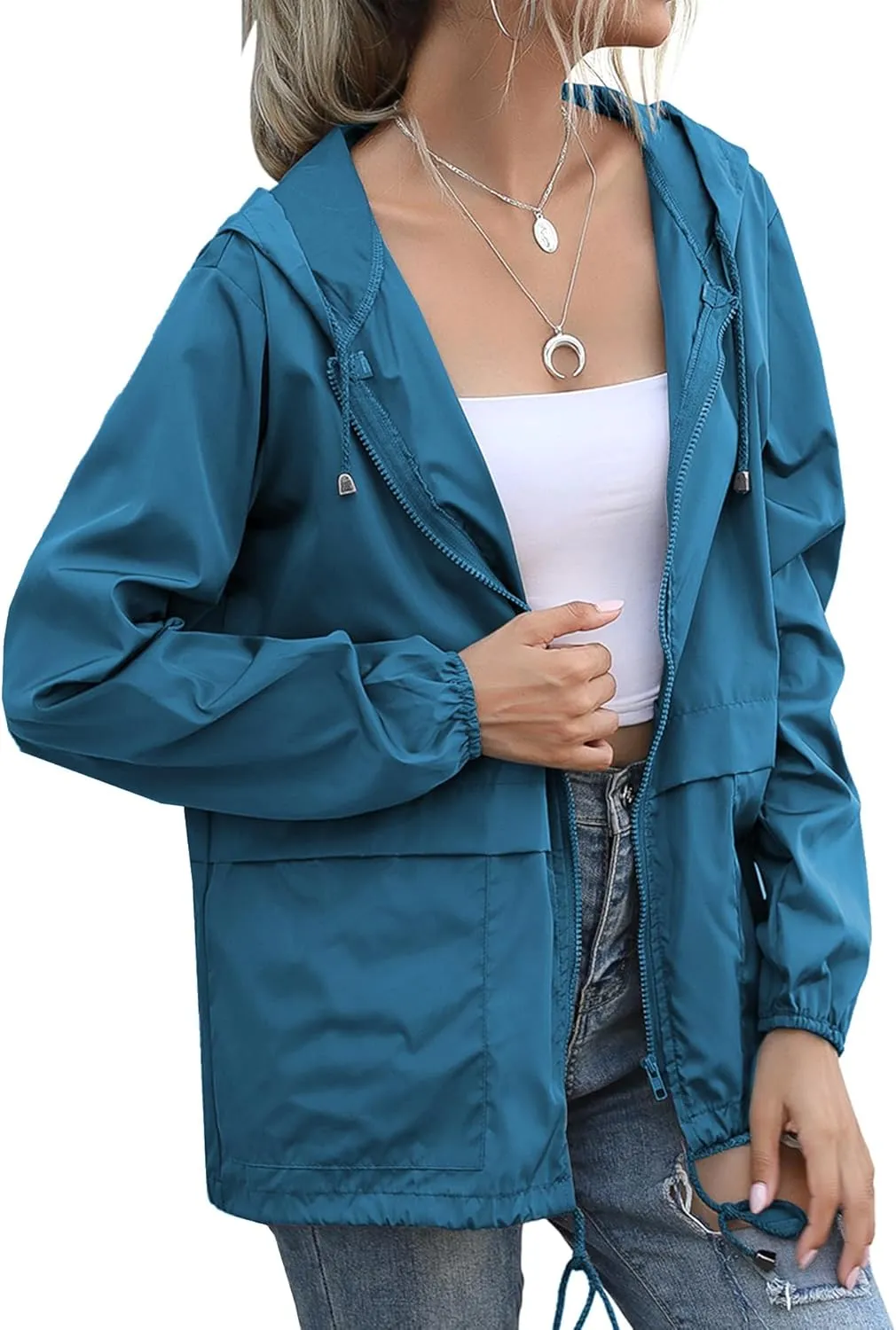 Women's Raincoats Lightweight Waterproof Windproof Adjustable Windbreaker Rain Jackets Hooded with Pockets S-XXL