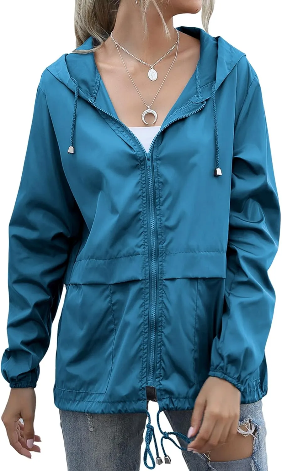 Women's Raincoats Lightweight Waterproof Windproof Adjustable Windbreaker Rain Jackets Hooded with Pockets S-XXL