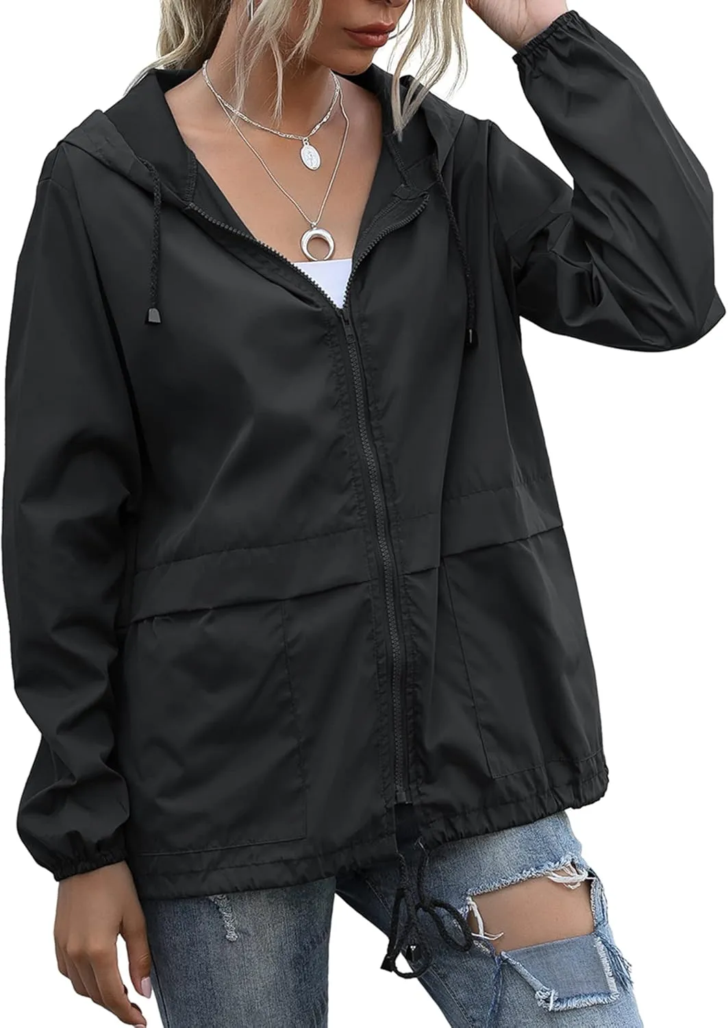 Women's Waterproof Raincoat Lightweight Rain Jacket Hooded Windbreaker with Pockets for Outdoor
