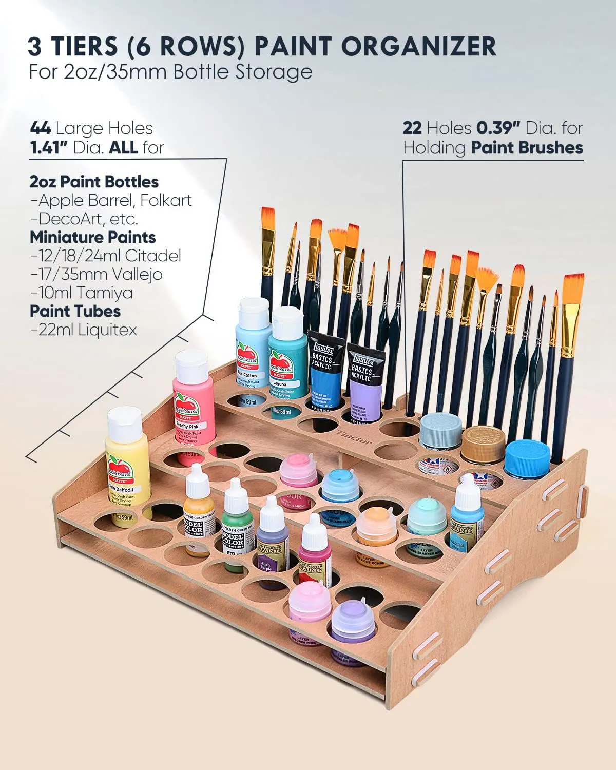 Wooden Paint Organizer & Paint Brush Holder, for 44 Bottles & 22 Brushes Storage - Craft Acrylic Miniature Paint Rack