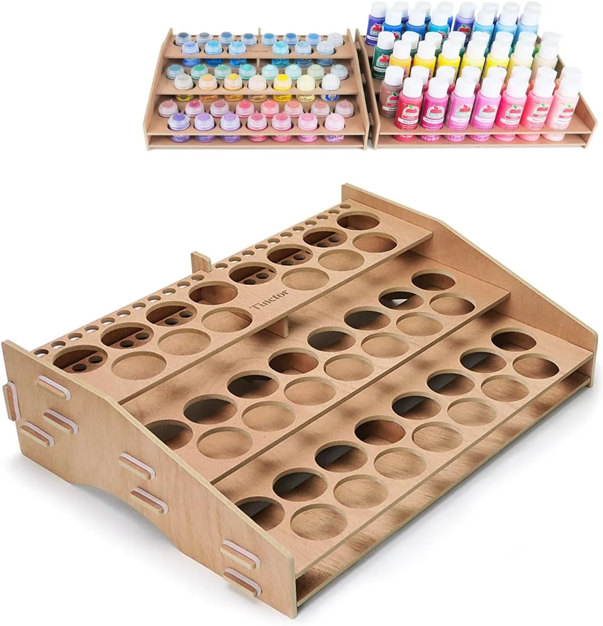 Wooden Paint Organizer & Paint Brush Holder, for 44 Bottles & 22 Brushes Storage - Craft Acrylic Miniature Paint Rack