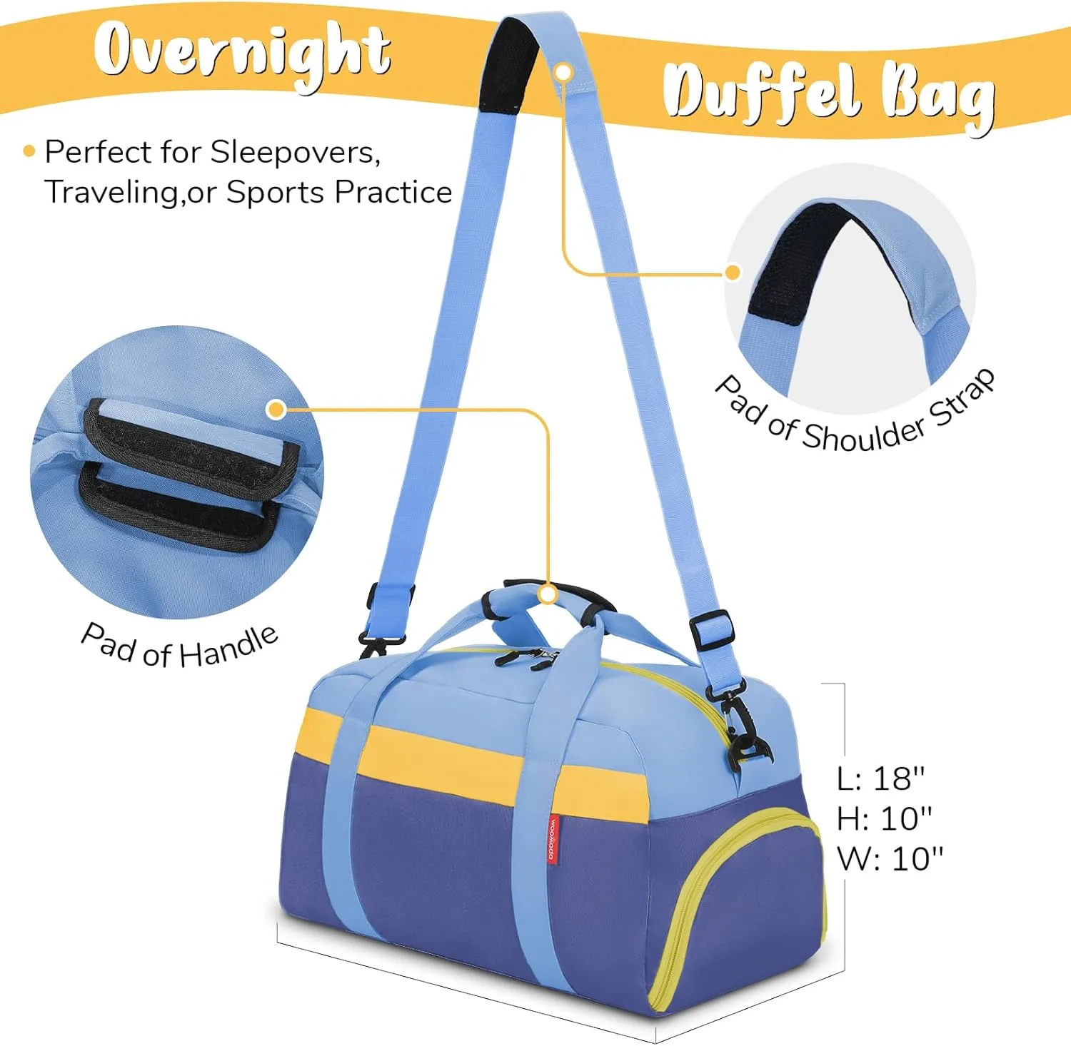 WOOMADA Kids Duffle Bag for Boys or Girls, Kids Overnight Bag with Shoe Compartment＆Wet Pocket, Ideal for School Practice, Sports, Travel(sky blue)