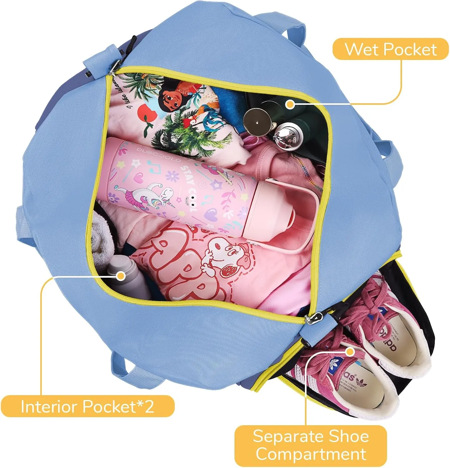 WOOMADA Kids Duffle Bag for Boys or Girls, Kids Overnight Bag with Shoe Compartment＆Wet Pocket, Ideal for School Practice, Sports, Travel(sky blue)