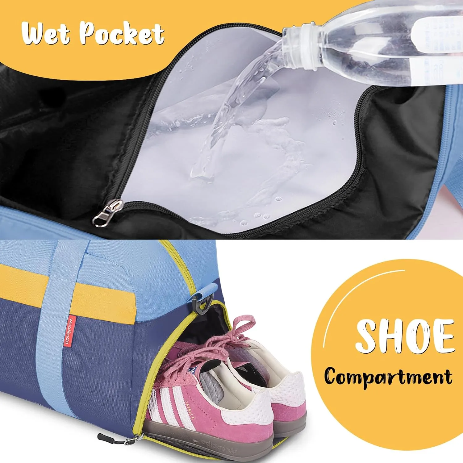 WOOMADA Kids Duffle Bag for Boys or Girls, Kids Overnight Bag with Shoe Compartment＆Wet Pocket, Ideal for School Practice, Sports, Travel(sky blue)
