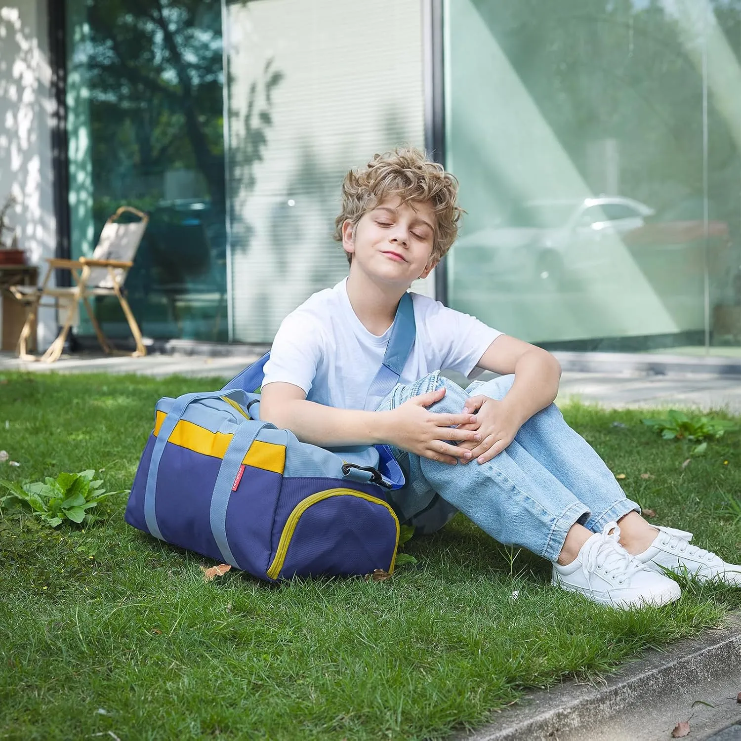 WOOMADA Kids Duffle Bag for Boys or Girls, Kids Overnight Bag with Shoe Compartment＆Wet Pocket, Ideal for School Practice, Sports, Travel(sky blue)