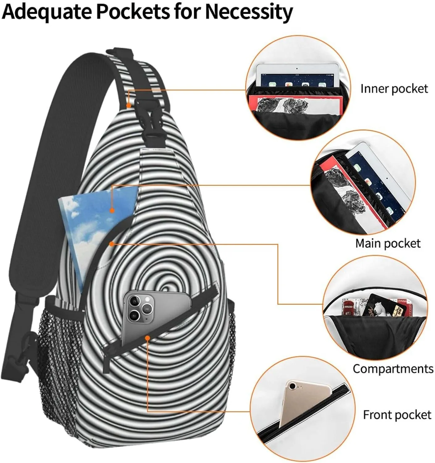 WURTON Black Marble Texture Gold Print Crossbody Sling Backpack Sling Bag Travel Hiking Chest Bag Daypack