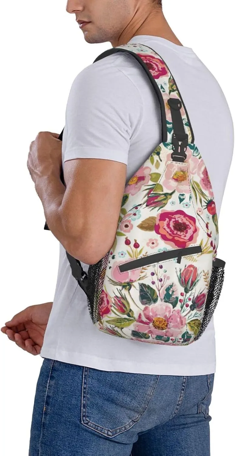 WURTON Flower Hummingbirds Embroidery Print Crossbody Sling Backpack Sling Bag Travel Hiking Chest Bag Daypack