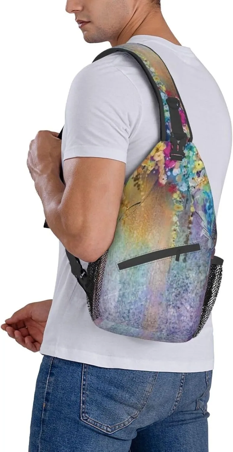 WURTON Flower Hummingbirds Embroidery Print Crossbody Sling Backpack Sling Bag Travel Hiking Chest Bag Daypack