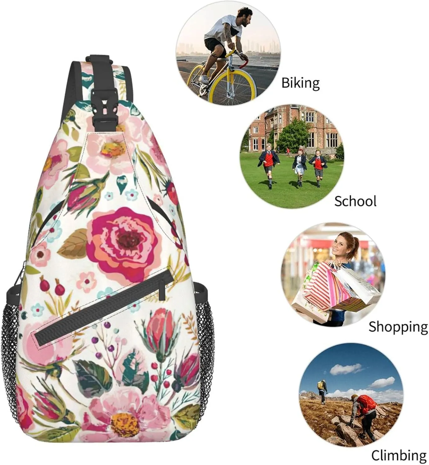 WURTON Flower Hummingbirds Embroidery Print Crossbody Sling Backpack Sling Bag Travel Hiking Chest Bag Daypack