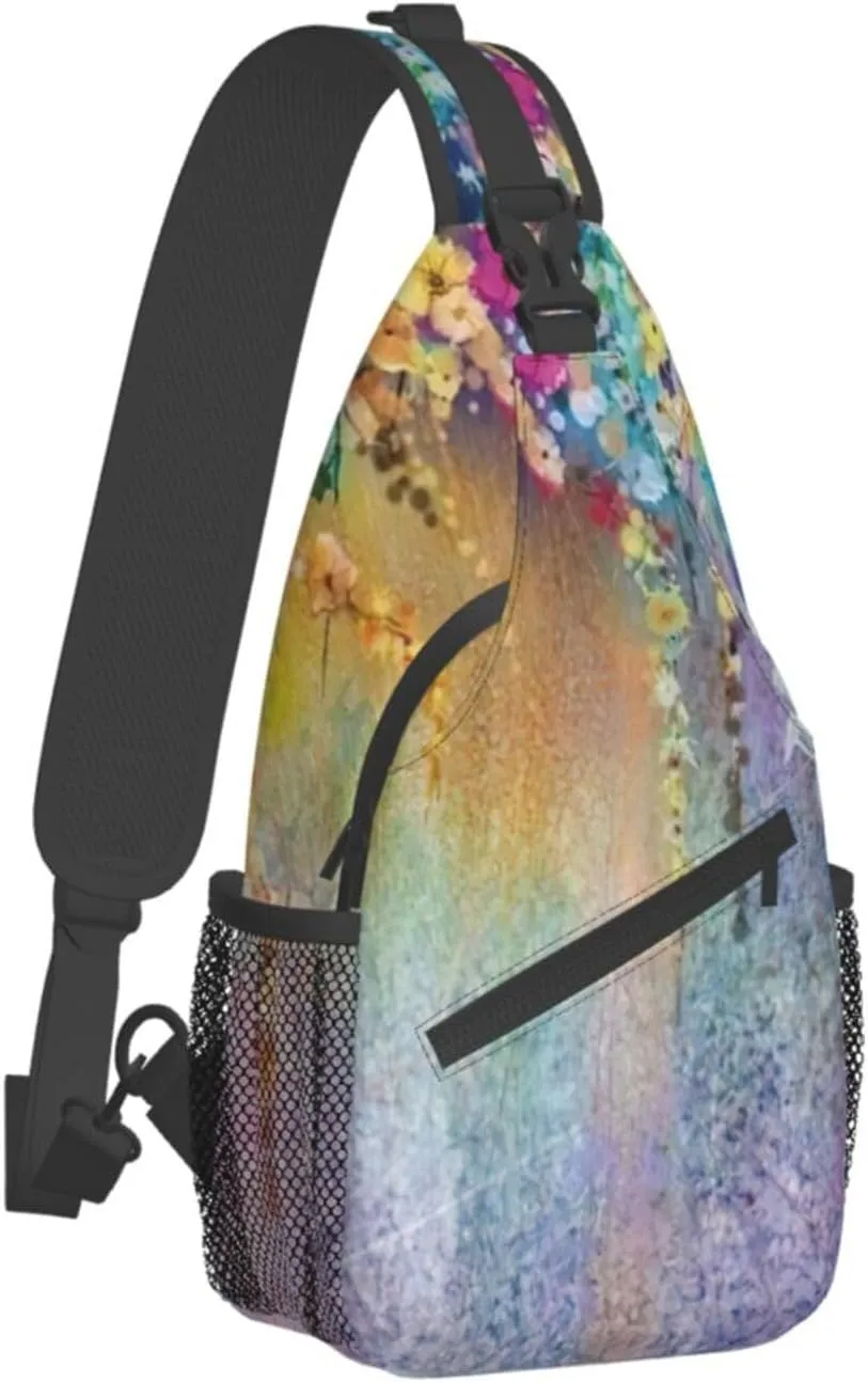 WURTON Flower Hummingbirds Embroidery Print Crossbody Sling Backpack Sling Bag Travel Hiking Chest Bag Daypack