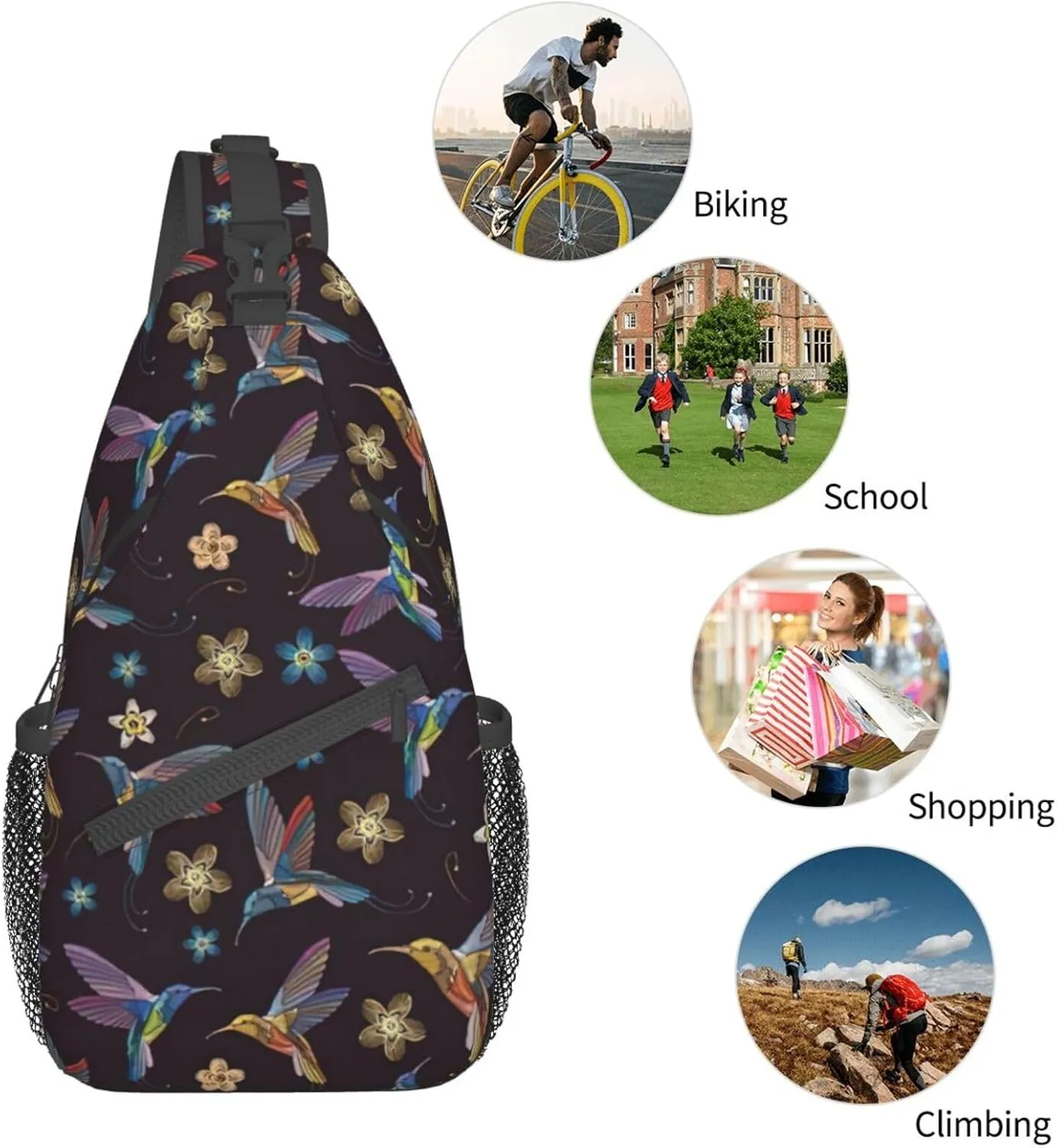 WURTON Flower Hummingbirds Embroidery Print Crossbody Sling Backpack Sling Bag Travel Hiking Chest Bag Daypack
