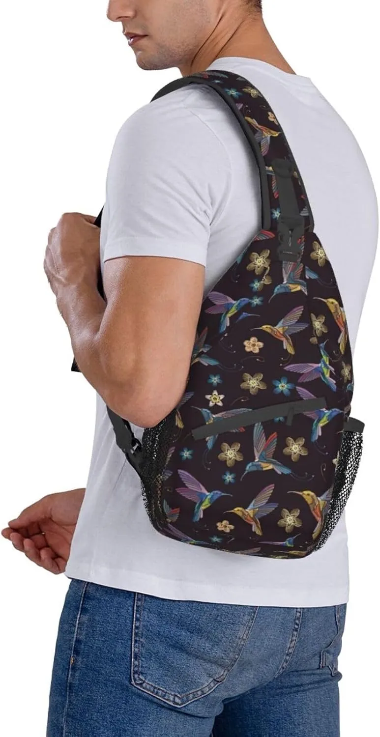 WURTON Flower Hummingbirds Embroidery Print Crossbody Sling Backpack Sling Bag Travel Hiking Chest Bag Daypack