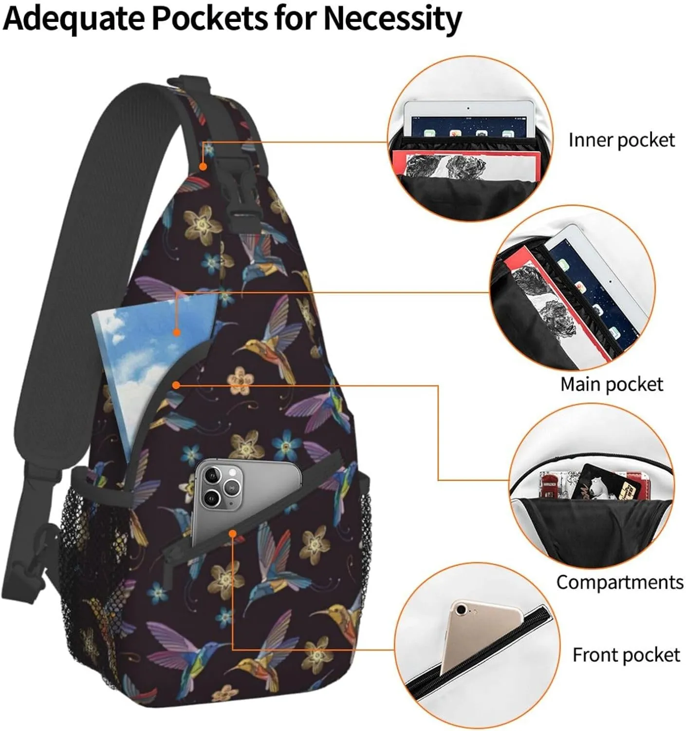 WURTON Flower Hummingbirds Embroidery Print Crossbody Sling Backpack Sling Bag Travel Hiking Chest Bag Daypack