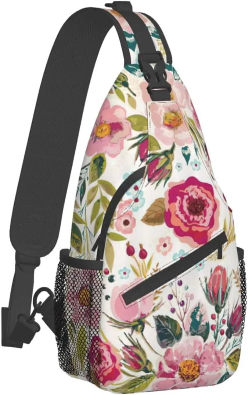 WURTON Flower Hummingbirds Embroidery Print Crossbody Sling Backpack Sling Bag Travel Hiking Chest Bag Daypack