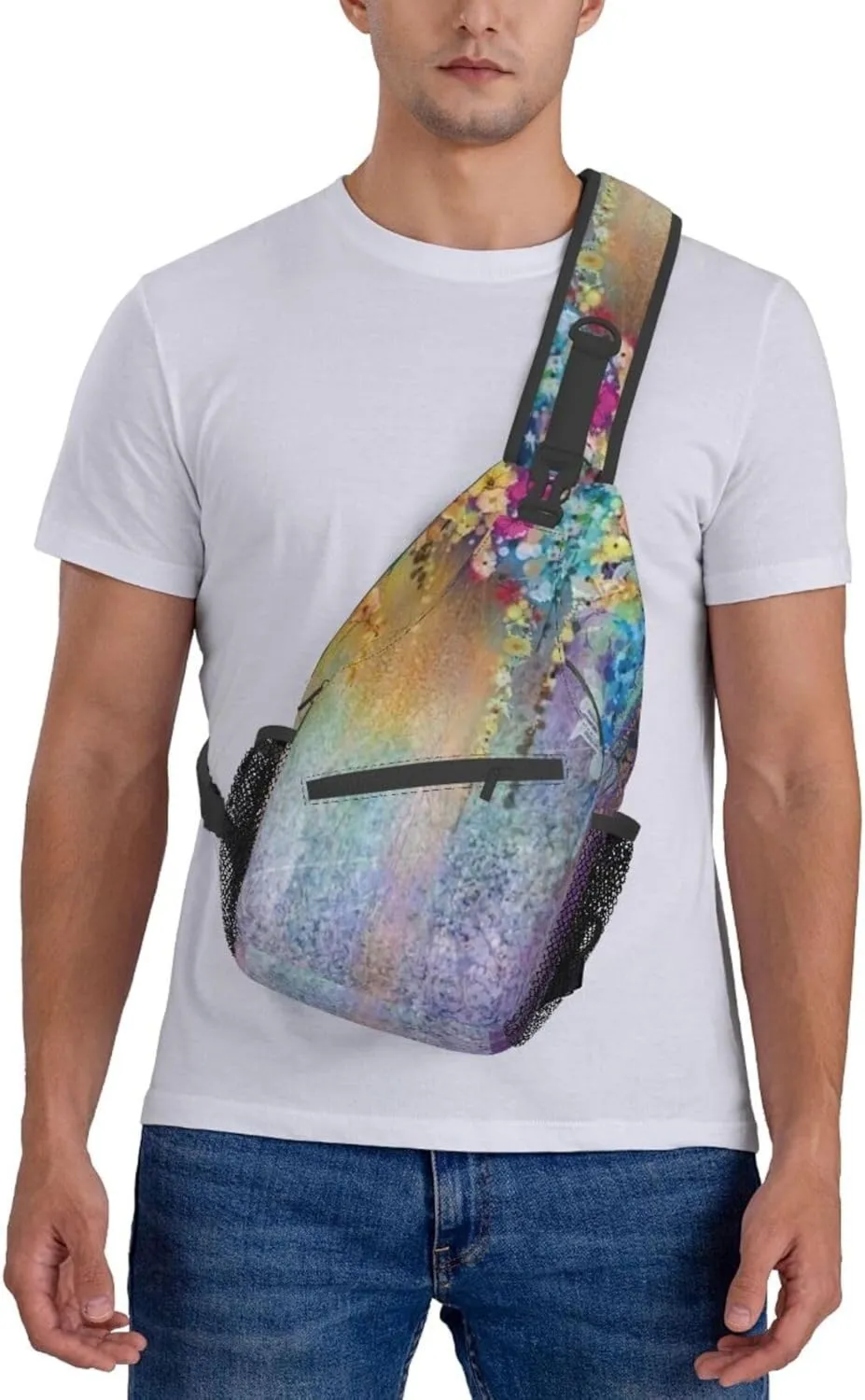 WURTON Flower Hummingbirds Embroidery Print Crossbody Sling Backpack Sling Bag Travel Hiking Chest Bag Daypack