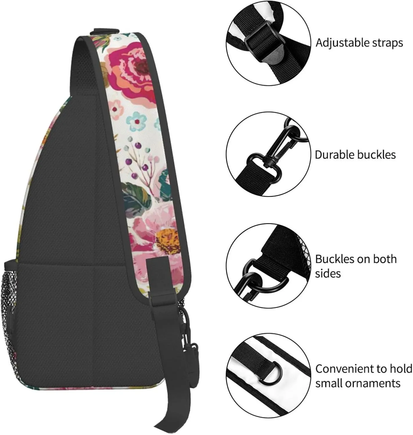 WURTON Flower Hummingbirds Embroidery Print Crossbody Sling Backpack Sling Bag Travel Hiking Chest Bag Daypack