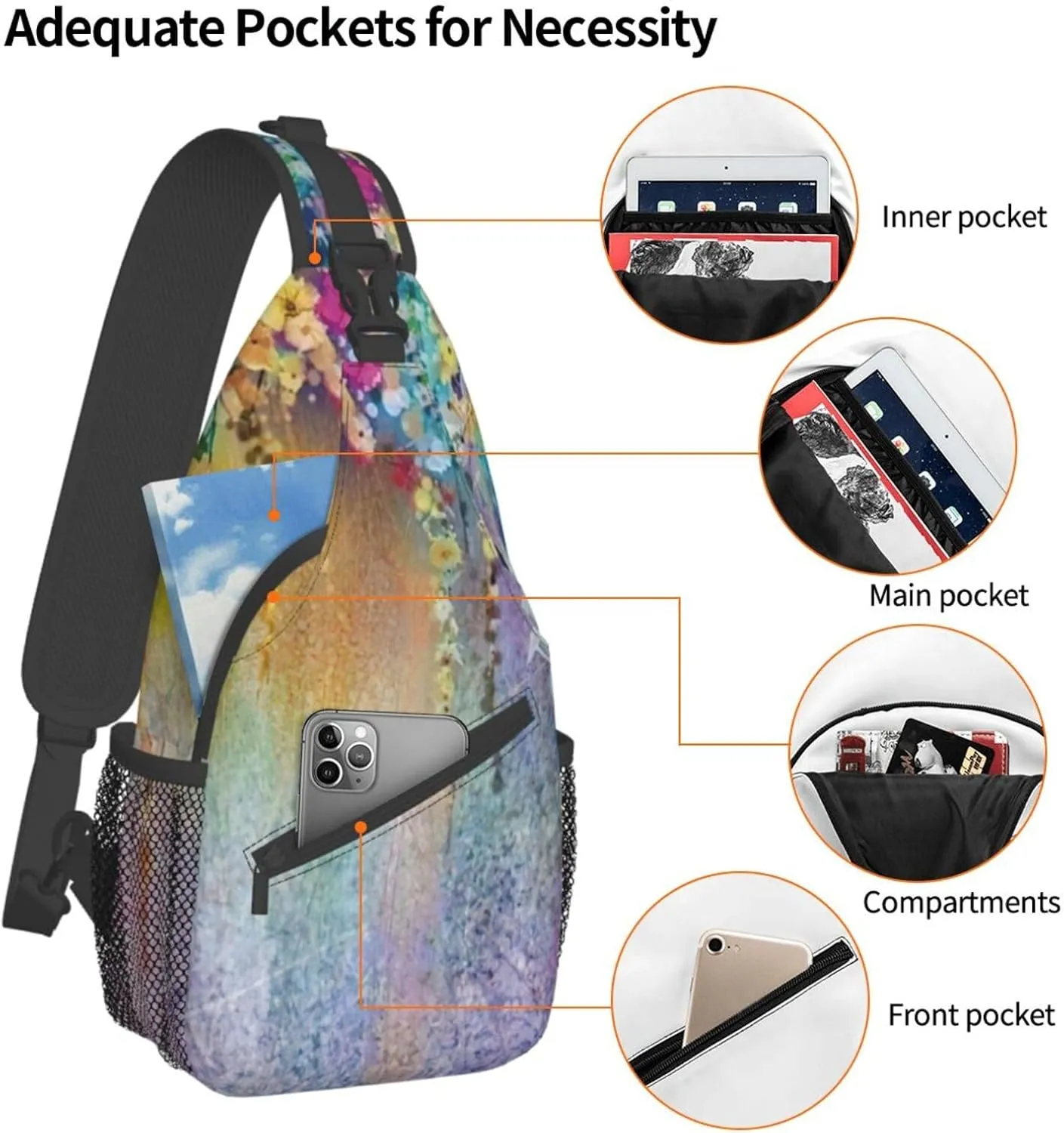 WURTON Flower Hummingbirds Embroidery Print Crossbody Sling Backpack Sling Bag Travel Hiking Chest Bag Daypack