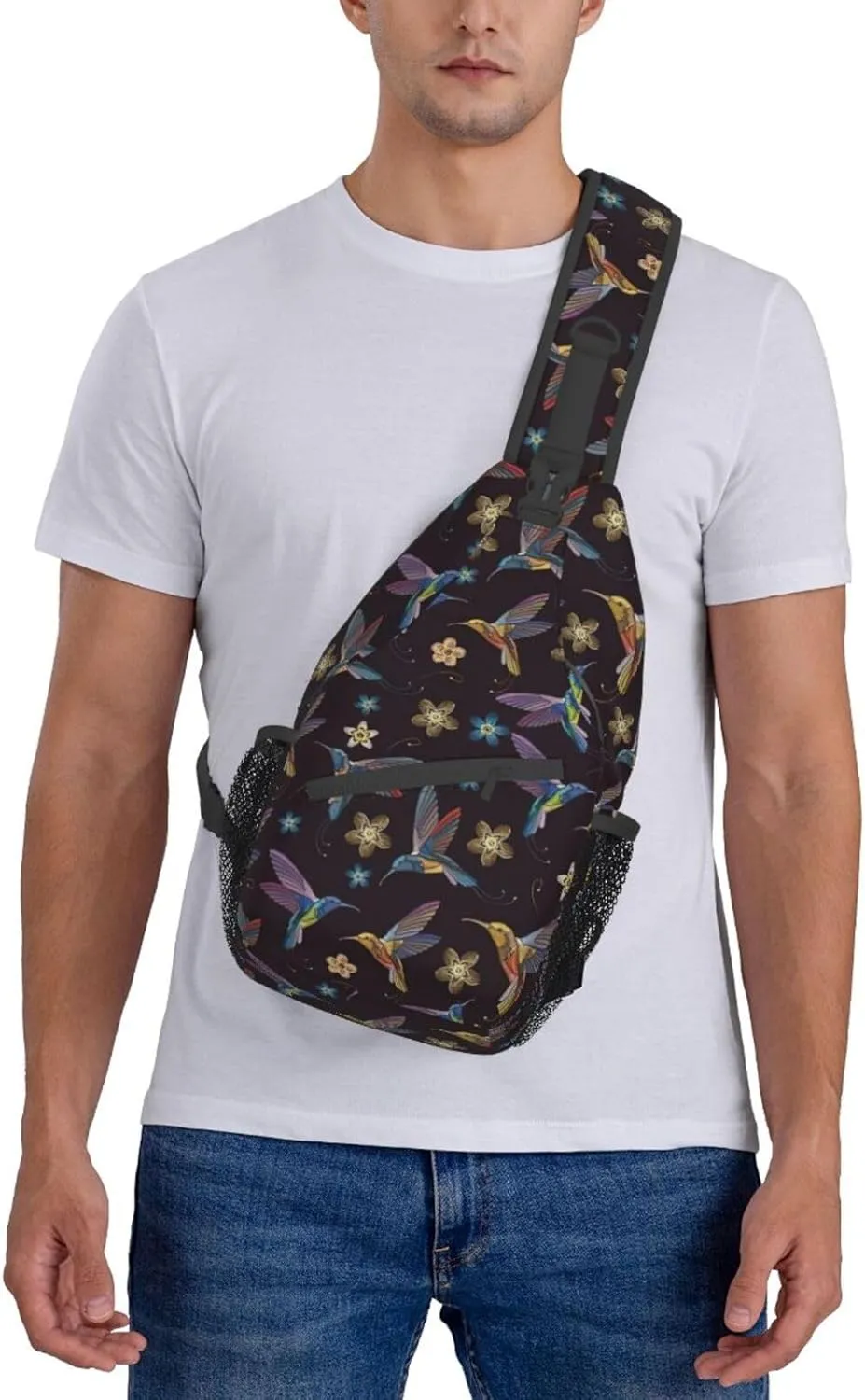 WURTON Flower Hummingbirds Embroidery Print Crossbody Sling Backpack Sling Bag Travel Hiking Chest Bag Daypack