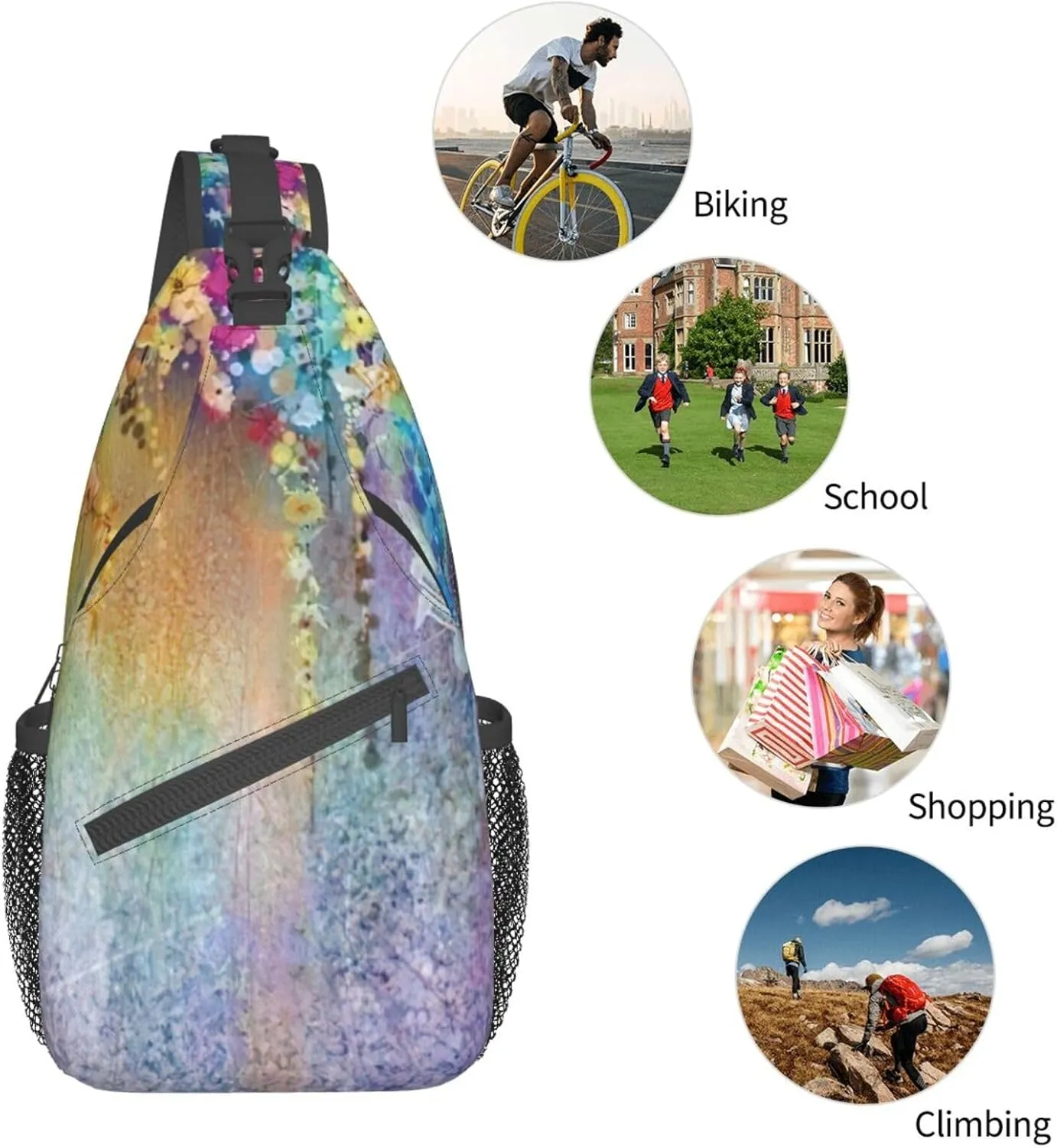 WURTON Flower Hummingbirds Embroidery Print Crossbody Sling Backpack Sling Bag Travel Hiking Chest Bag Daypack