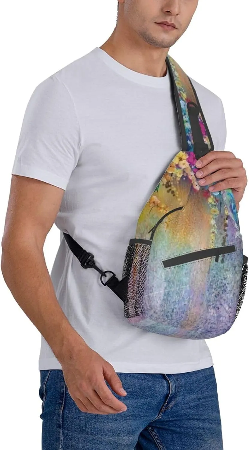 WURTON Flower Hummingbirds Embroidery Print Crossbody Sling Backpack Sling Bag Travel Hiking Chest Bag Daypack