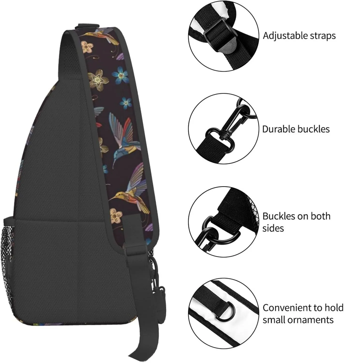 WURTON Flower Hummingbirds Embroidery Print Crossbody Sling Backpack Sling Bag Travel Hiking Chest Bag Daypack