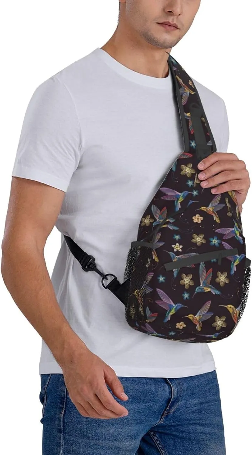 WURTON Flower Hummingbirds Embroidery Print Crossbody Sling Backpack Sling Bag Travel Hiking Chest Bag Daypack