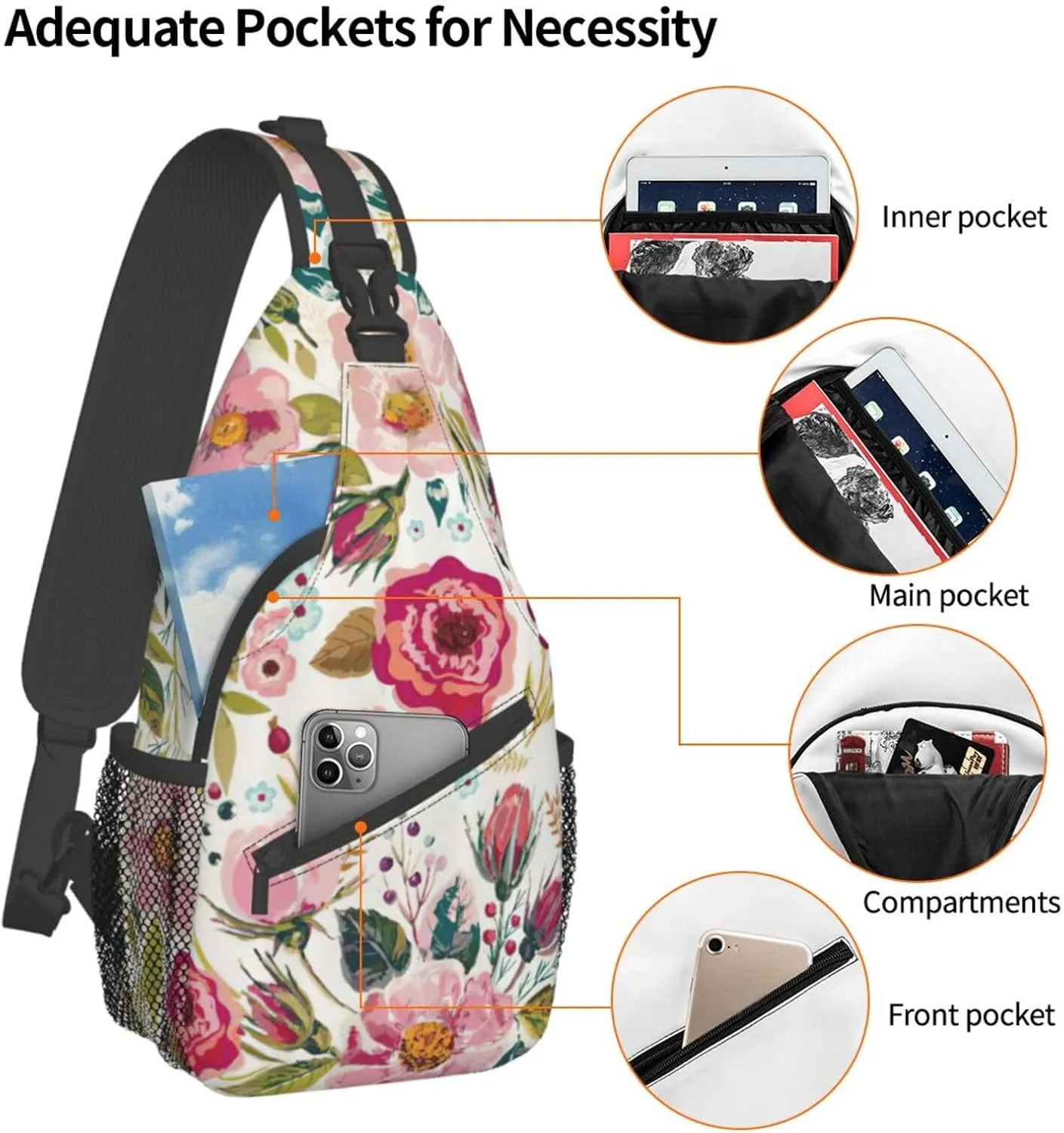 WURTON Flower Hummingbirds Embroidery Print Crossbody Sling Backpack Sling Bag Travel Hiking Chest Bag Daypack
