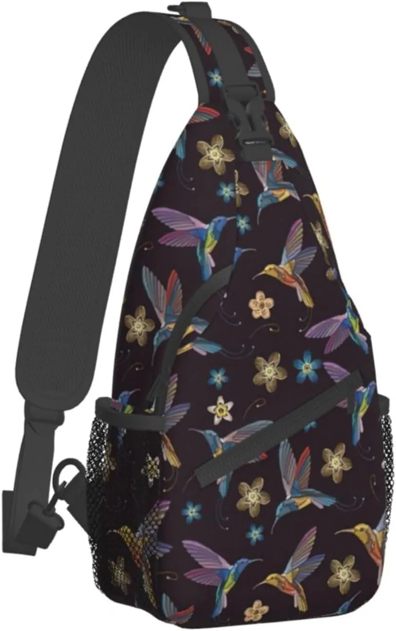 WURTON Flower Hummingbirds Embroidery Print Crossbody Sling Backpack Sling Bag Travel Hiking Chest Bag Daypack
